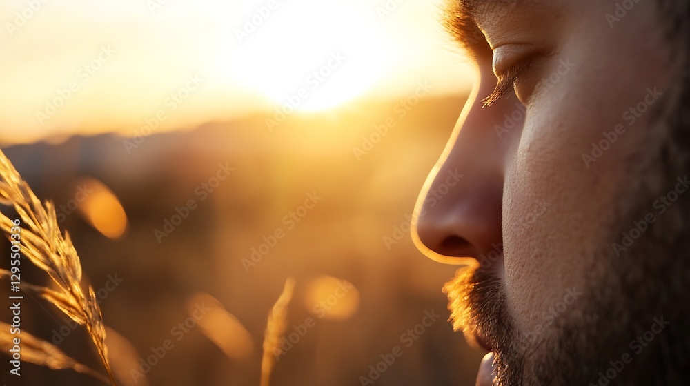Poster silhouette of a man in profile against a beautiful sunset with warm light : generative ai