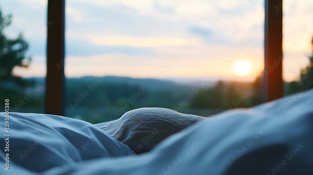 Aufkleber Cozy Bedroom at Sunset with Soft Bedding and Scenic View of Nature through Windows : Generative AI