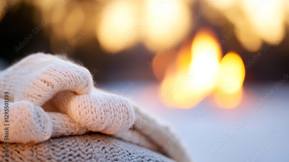 Aufkleber cozy winter gloves on a soft blanket with blurred fire background : generative ai