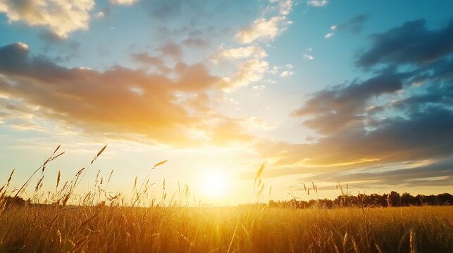 Breathtaking golden sunset illuminating a vast field of tall grass under a clear blue sky with fluffy clouds : Generative AI