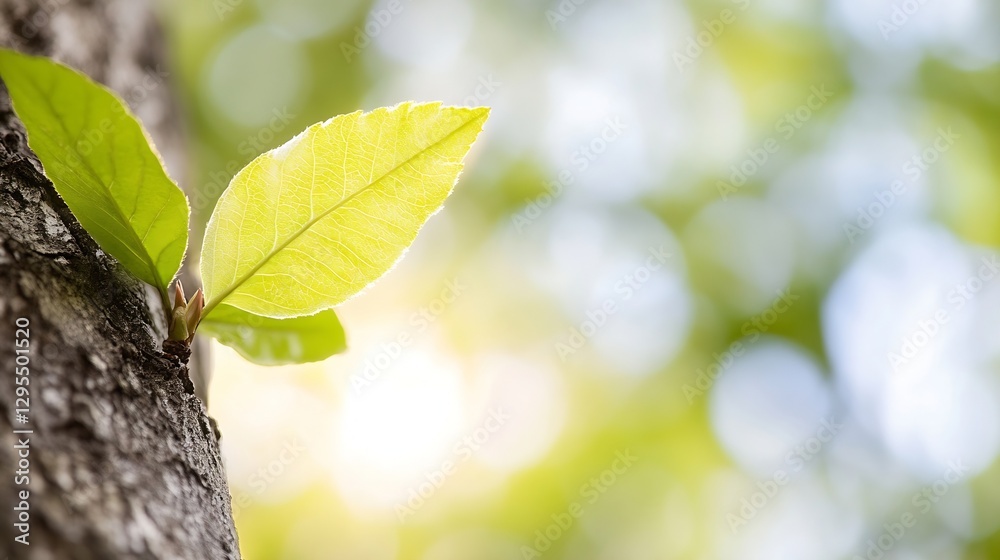 Aufkleber CloseUp of New Leaves Emerging from a Tree Trunk Surrounded by a Beautiful Bokeh Background : Generative AI