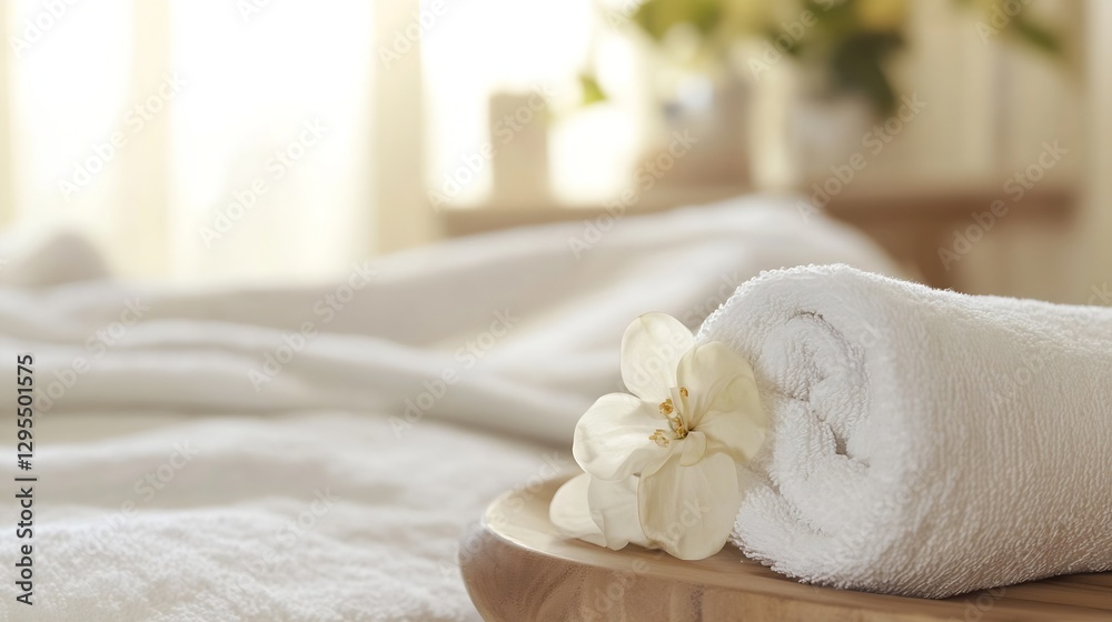 Poster soft white towel with flower on wooden tray in bright relaxing spa setting : generative ai