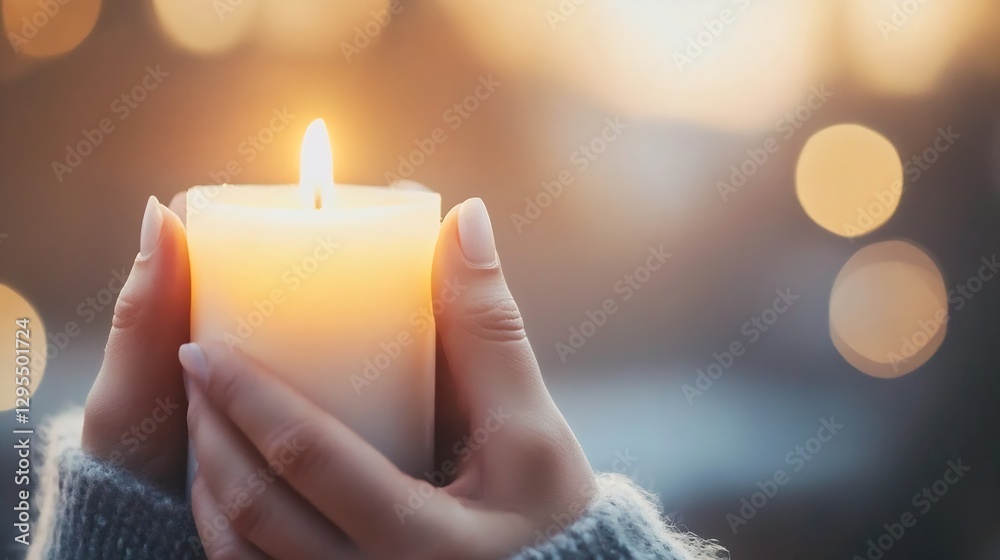 Fototapete Warm candlelight held in hands creating a serene atmosphere with a soft glow and bokeh effects : Generative AI
