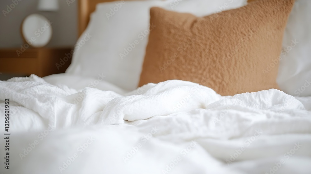 Poster soft white bedding with cozy brown accent pillow creating a comfortable atmosphere : generative ai