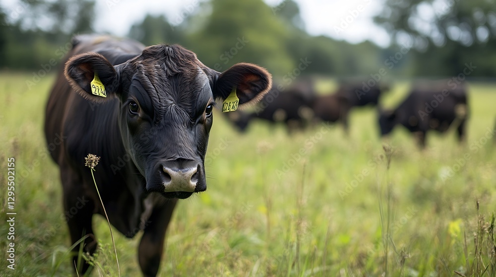 Aufkleber curious cow standing in a green field looking towards the camera : generative ai
