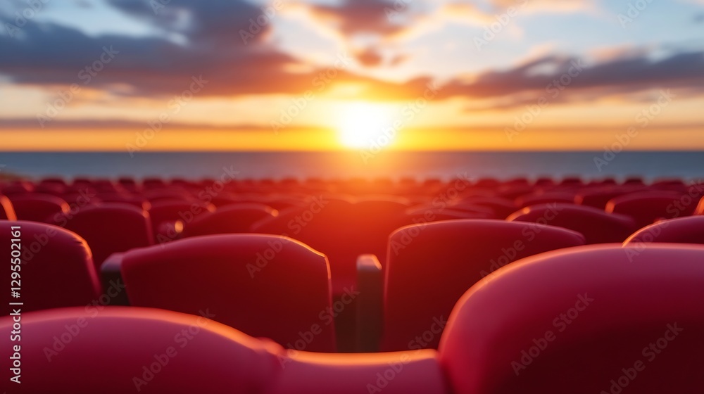 Poster serene sunset over empty red theater seats creating a cinematic atmosphere : generative ai
