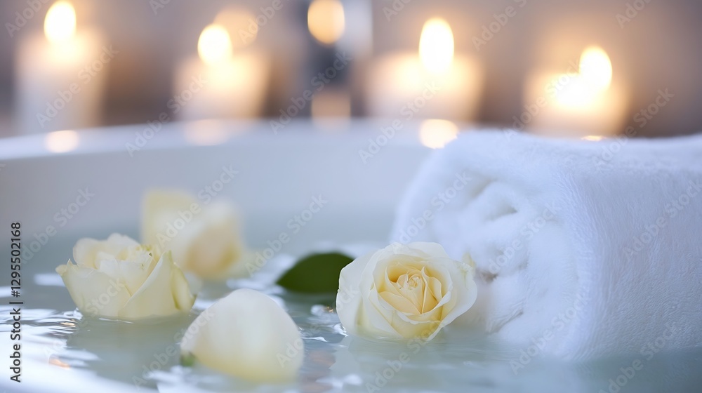 Poster relaxing spa experience with white roses and soft towel in a calm water bath : generative ai