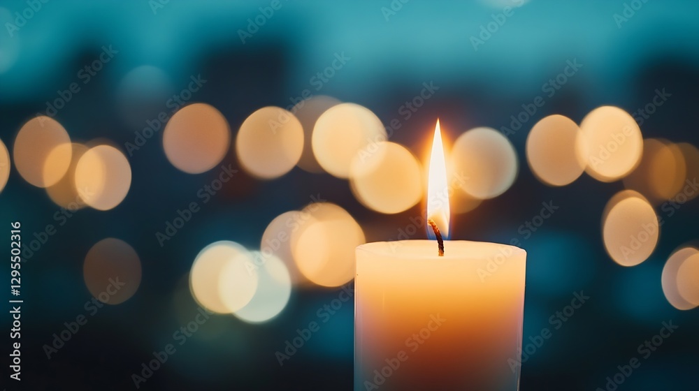 Poster elegant candle with flickering flame set against a bokeh background of warm lights at dusk : generat
