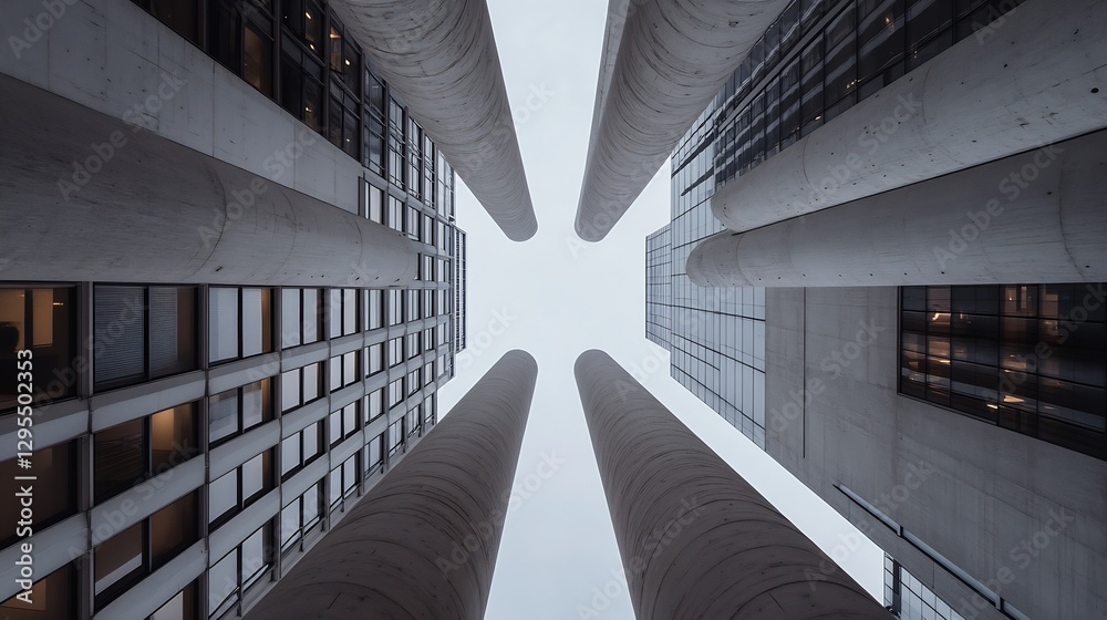 Poster unique view of modern architecture featuring tall concrete pillars and glass buildings above : gener