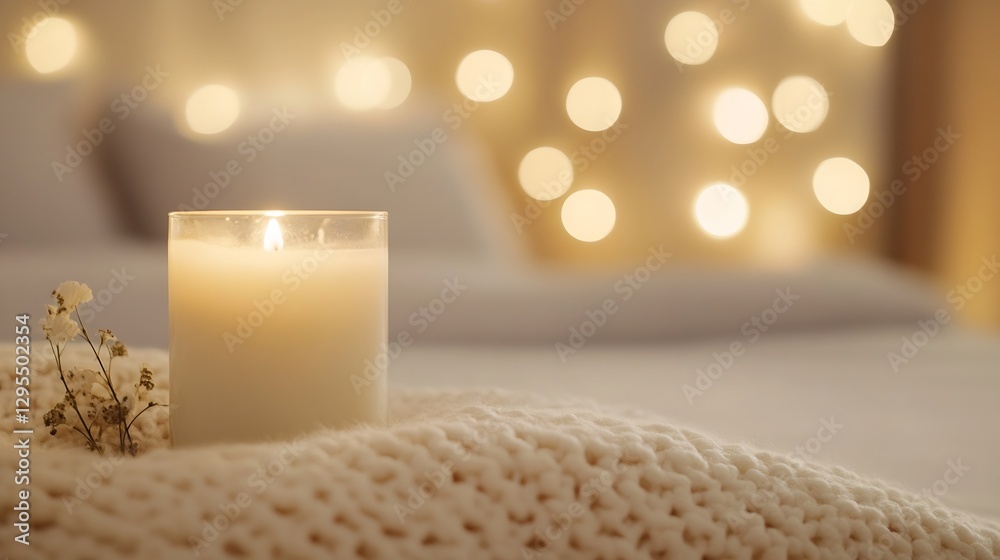 Fototapete Cozy candle burning on soft blanket with soft warm bokeh lights in the background creating a tranquil atmosphere : Generative AI