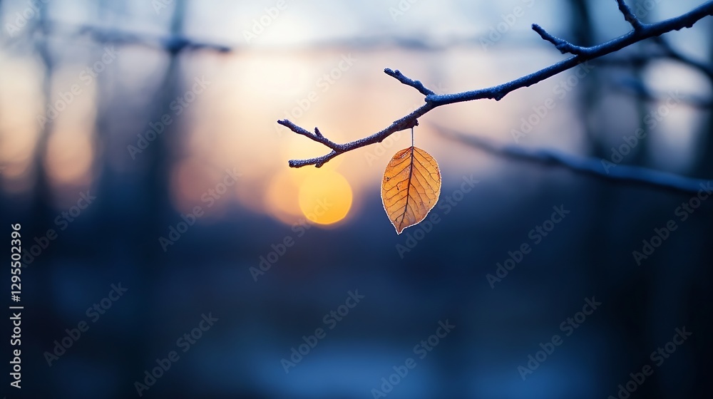 Poster beautiful frosted leaf hanging from a branch at sunset with blurred background : generative ai