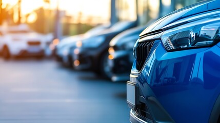 Close up of a blue car parked in a vibrant car dealership showcasing various models in the sunlight : Generative AI