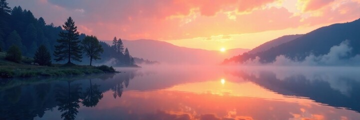 Obraz premium Misty dawn lake landscape, mist, nature, sunrise