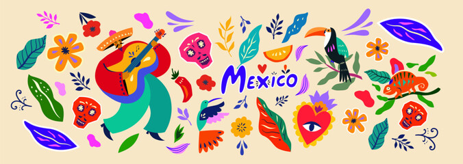 Fototapeta premium Mexican ornament decor. Beautiful vector banner with design for Mexican holiday. Vector template with traditional Mexican symbols.