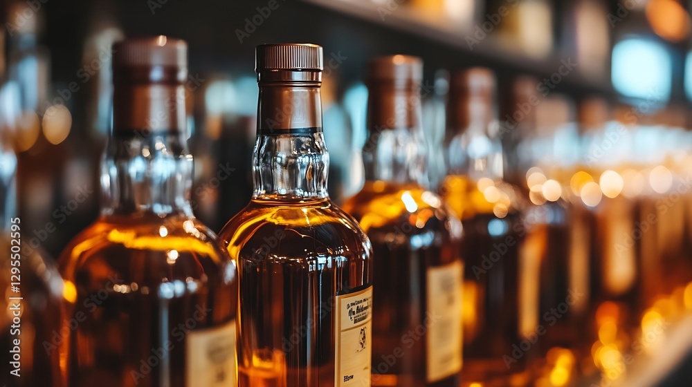 Poster Artfully arranged whiskey bottles on a wooden shelf creating a warm and inviting bar atmosphere : Generative AI