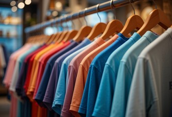 Fototapeta premium Vibrant array of polo shirts on hangers in a retail setting display