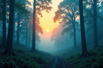 Obraz premium Misty dawn in a dense forest with blue and green tree silhouettes, dawn, atmosphere , forest
