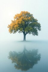 Obraz premium Misty fog swirling around a lone tree on an abstract white background, tree, peaceful, calm