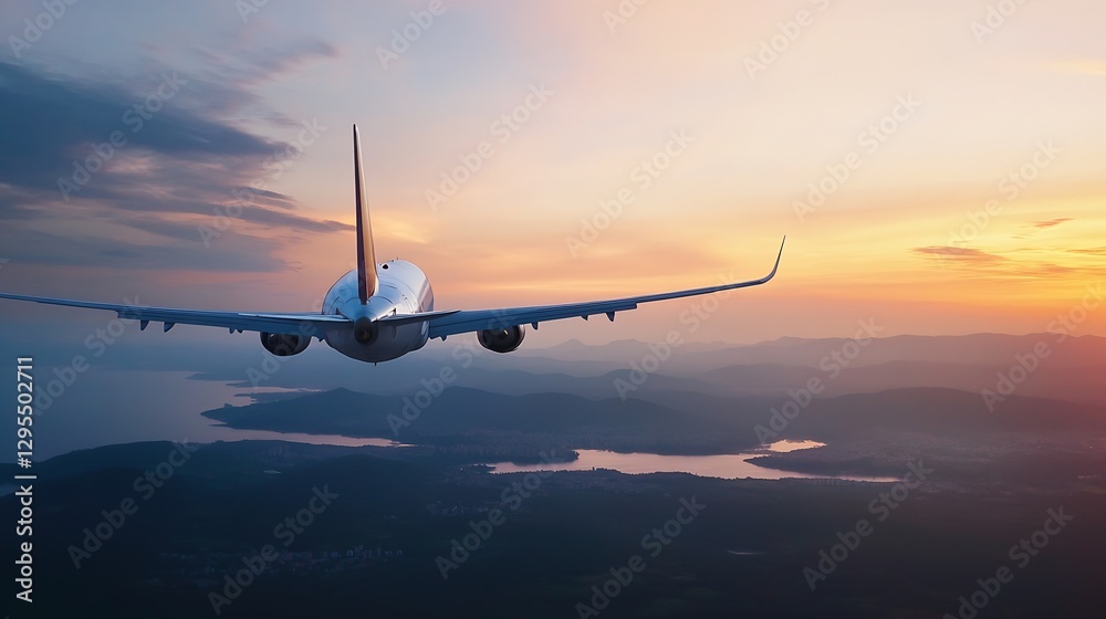 Poster airplane in flight during sunset over mountains and water creating a breathtaking aerial view : gene
