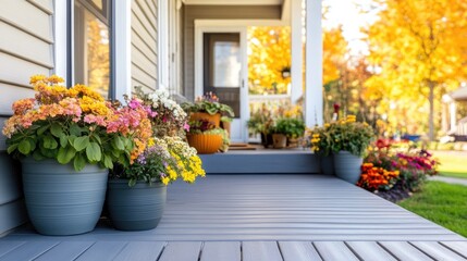 Fototapeta premium A front porch featuring decorative potted plants in matching containers.