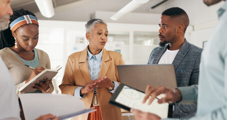 Senior, manager or business people in meeting with technology for morning feedback or schedule...