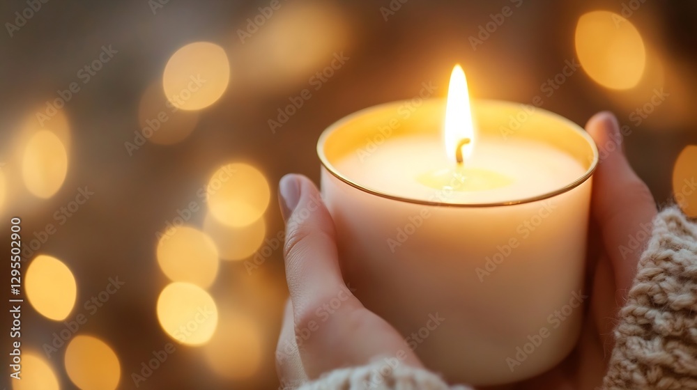 Aufkleber hands holding a soft candle glowing gently inviting warmth and tranquility in festive setting : gene