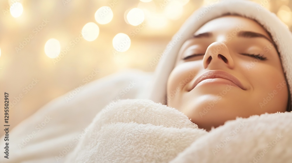 Poster tranquil spa retreat with relaxed woman enjoying peaceful atmosphere and soft bokeh lights : generat