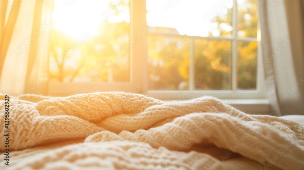 Poster sunlight streaming through a window onto a cozy bed with knit blanket : generative ai
