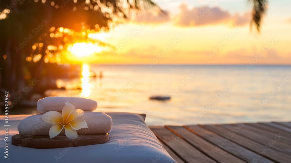 Poster relaxing spa scene with stacked towels and flower during beautiful sunset : generative ai