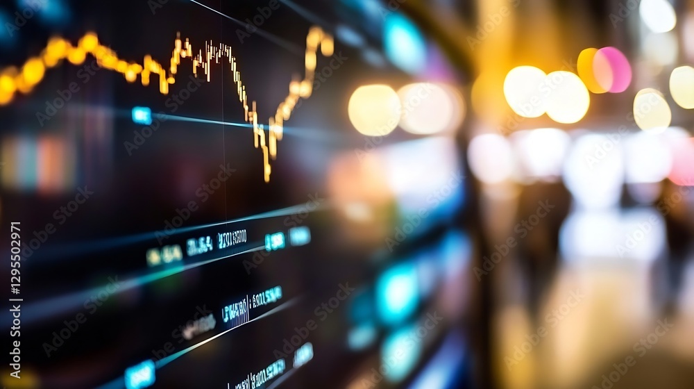 Aufkleber close up of a digital stock market display showing fluctuating trends and trading data lights : gene