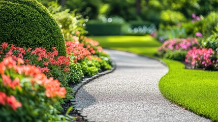 Fototapeta premium A garden path lined with vibrant flowers and neatly trimmed bushes.
