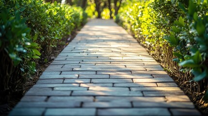 Obraz premium A garden path made of bricks, bordered by green foliage.