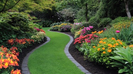Obraz premium A garden path lined with vibrant flowers and neatly trimmed bushes.