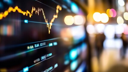 Close up of a digital stock market display showing fluctuating trends and trading data lights : Generative AI