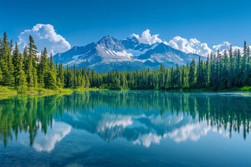 Breathtaking panoramic views of a summer lake and snow capped mountains in british columbia