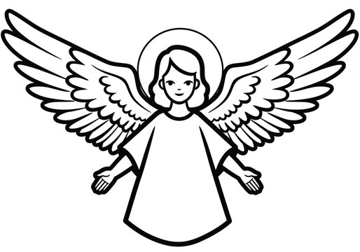 recommend clip art: Angel black white outline clipart. Angel with halo and wings, arms outstretched. Vector illustration design.