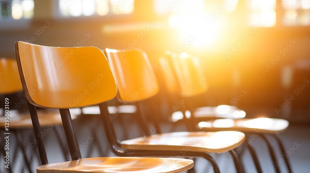 Aufkleber sunshine illuminating empty chairs inside a bright classroom : generative ai