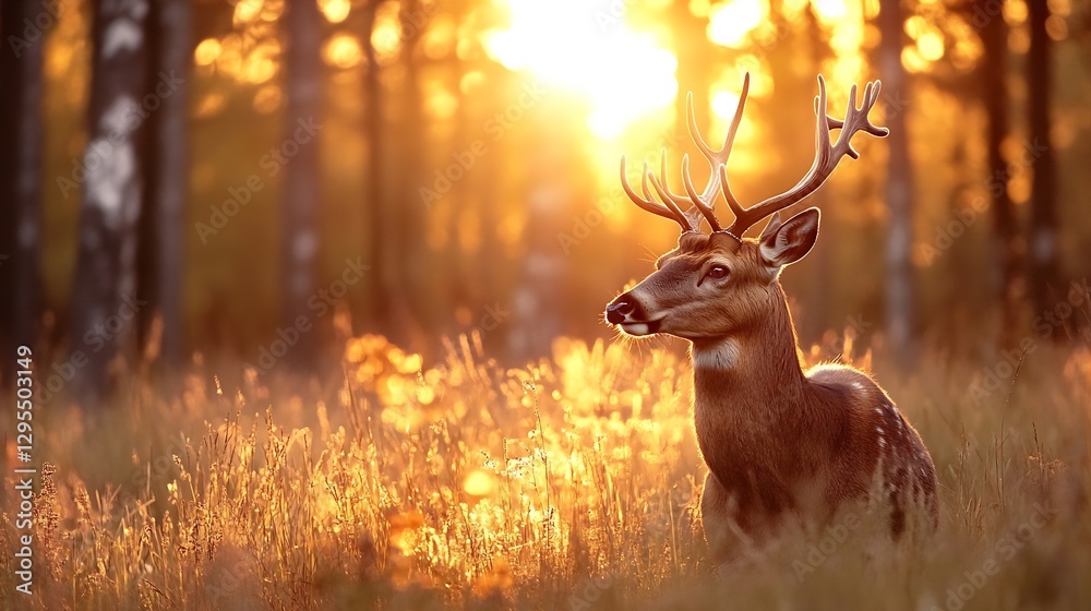 Poster majestic deer resting in sunlit grass with a backdrop of a glowing sunset through forest trees : gen