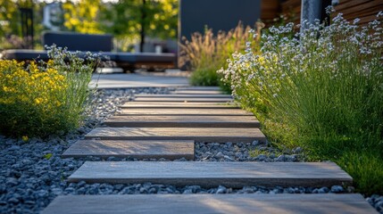 Obraz premium A garden walkway with wooden planks leading to a seating area.
