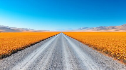 Naklejka premium A Long Road Leads Through Fields Of Colorful Yellow Flowers