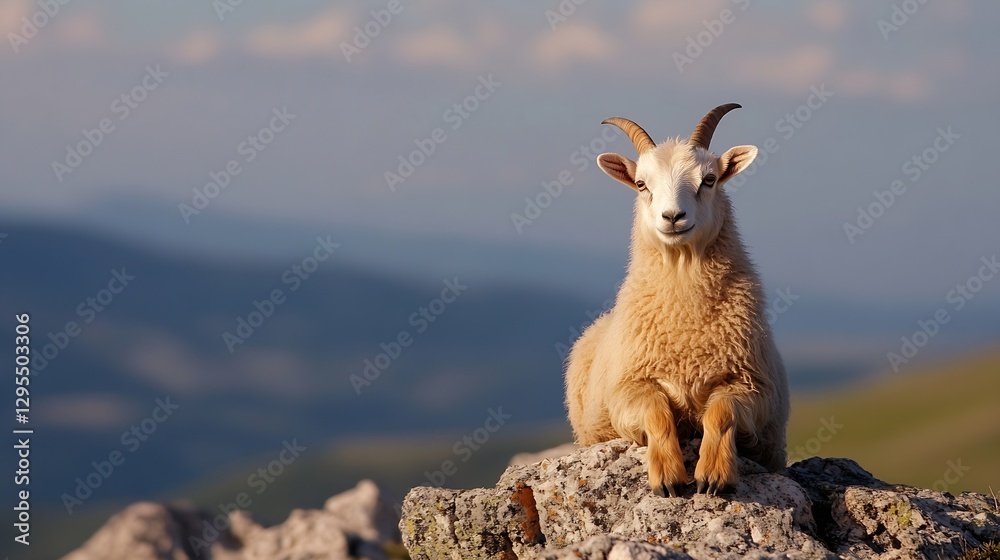 Poster closeup of a majestic mountain goat resting on a rocky surface with a blurred background : generativ