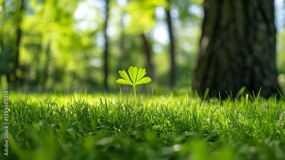 Poster fresh green sprout emerging from dewy grass under the warm light of the forest in springtime : gener