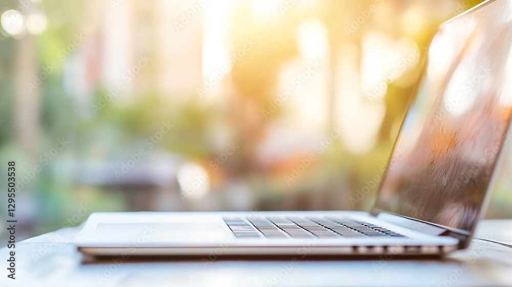 Poster Modern Laptop on Table with Soft Backlight Creating Dreamy and Bright Atmosphere : Generative AI
