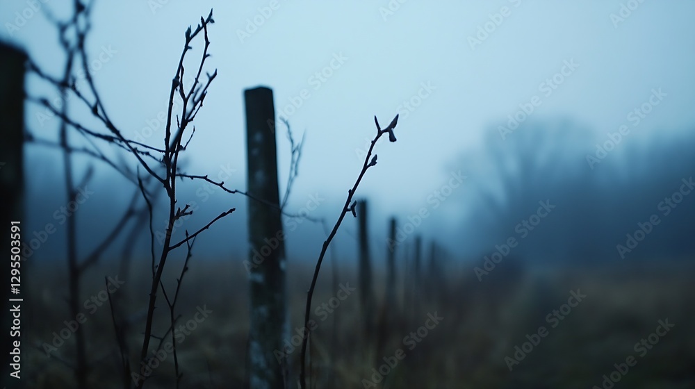 Poster delicate branches rise above foggy field creating a haunting and ethereal atmosphere of nature's bea