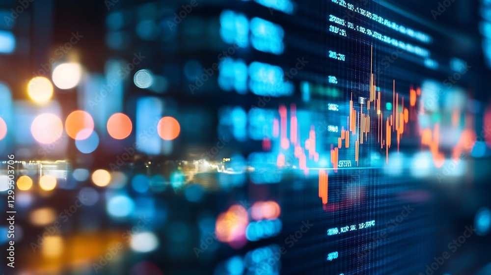Poster Stock market trading data displayed on a screen with colorful charts and graphs in night view : Generative AI