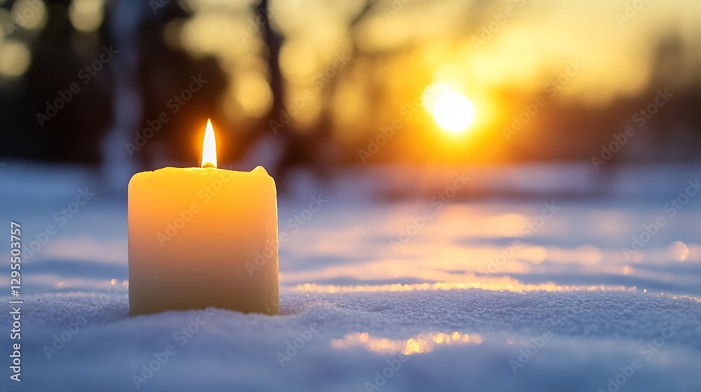 Poster calming scene with candle flame and soft snow at sunrise : generative ai
