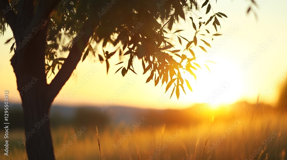 Poster silhouette of a leafy tree against the golden sunset in a field : generative ai