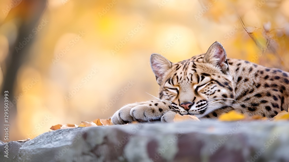 Poster playful cheetah relaxing on a rock surrounded by autumn colors in nature : generative ai