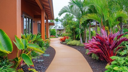 Obraz premium A house-side walkway garden with tropical foliage and palm trees.