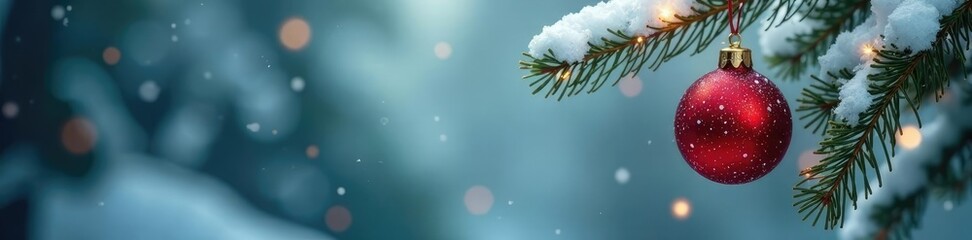 Fototapeta premium Snowy tree branch with isolated red Christmas ornament on it, decoration, christmas, festive